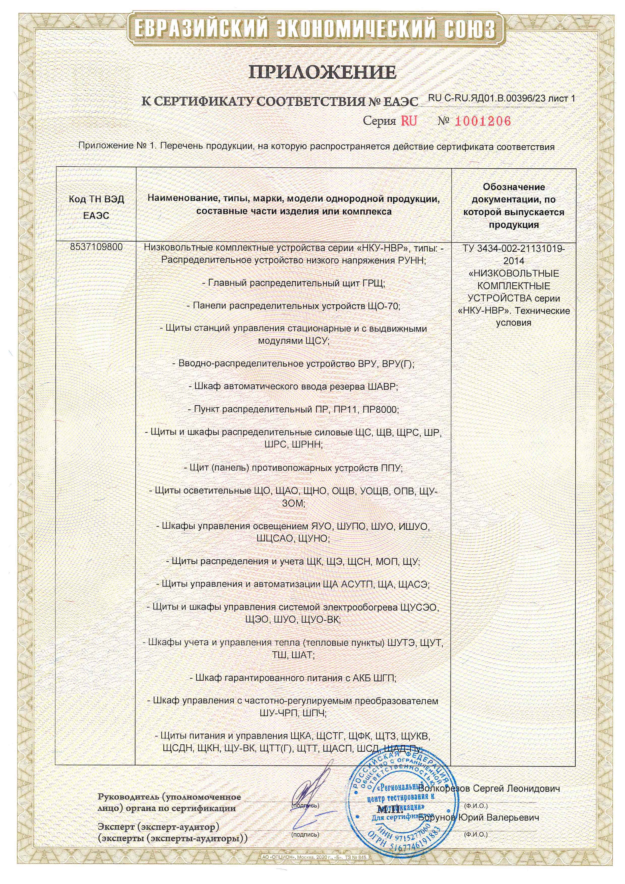 Сертификат соответствия ТР ТС 004/2011